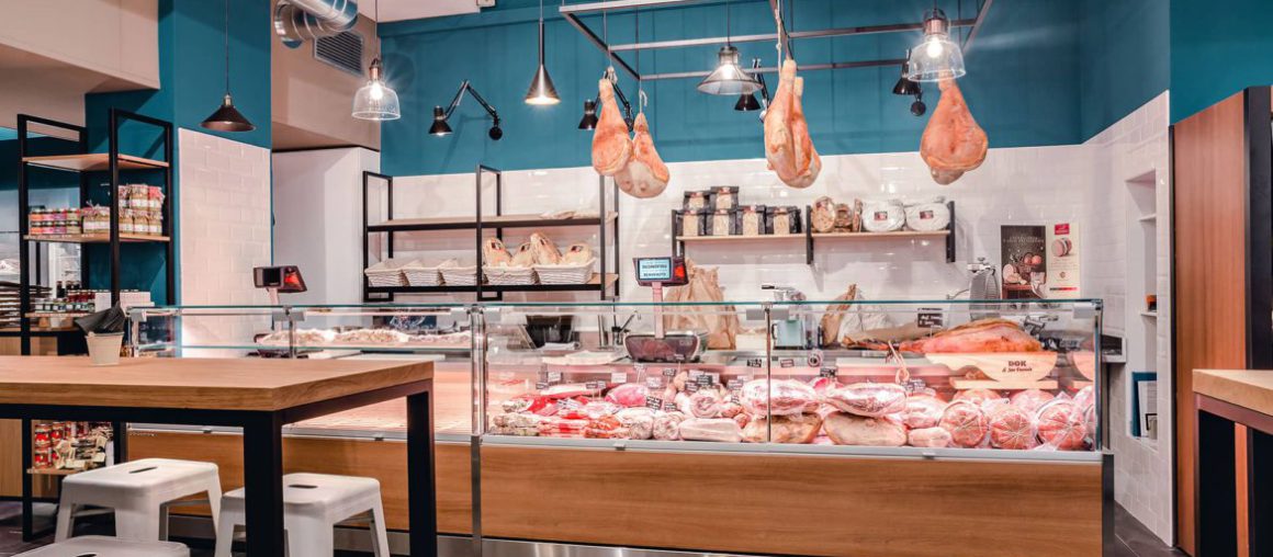 Дизайн магазина колбас, "мясной аромат" стильного интерьера